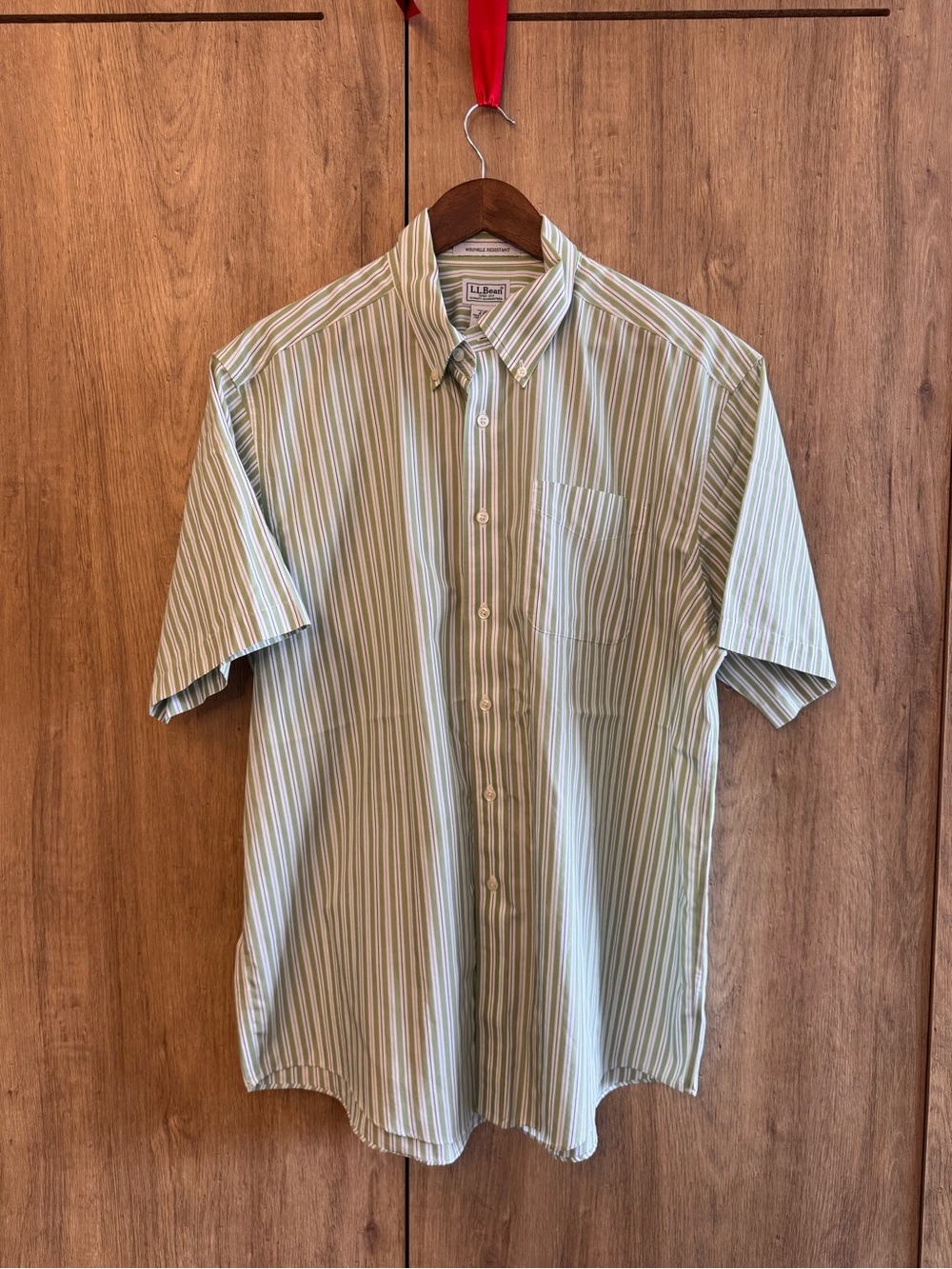L.L. Bean Men’s Short-Sleeve Button-Down Stripe Shirt Casual Green White L
